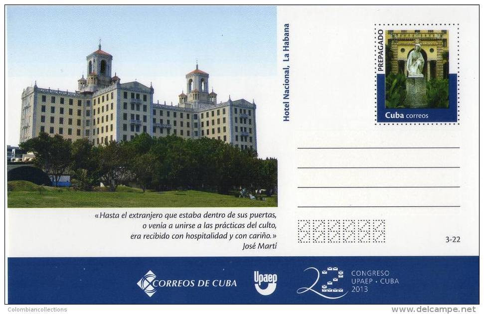 Lote TP3,  Cuba, 2013, Entero Postal, Postal Stationary, Upaep, Hotel Nacional, Post Card - Cartes-maximum