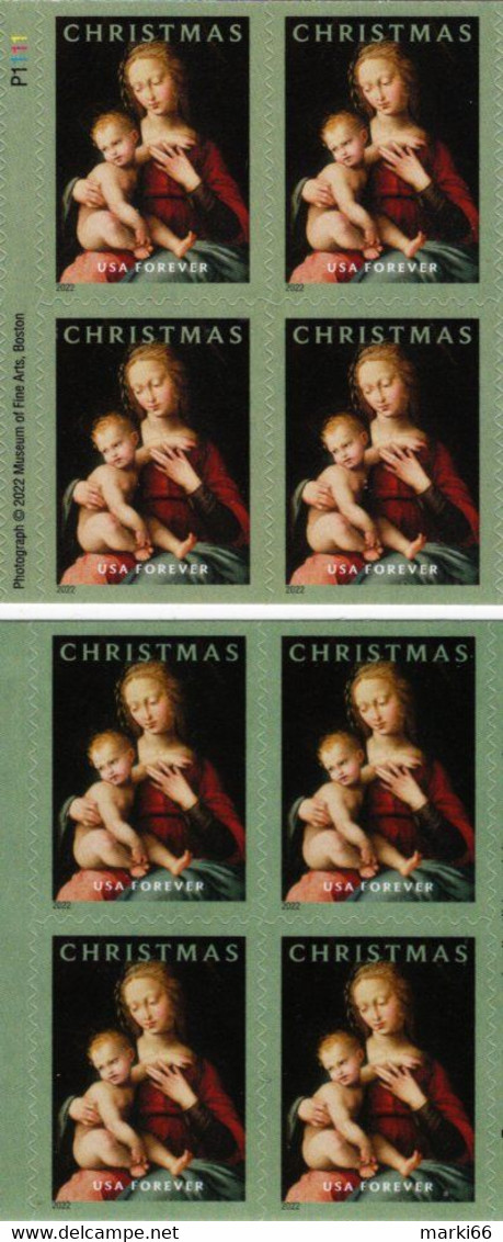 USA - 2022 - Christmas - Virgin And Child - Mint Self-adhesive Booklet Stamp Pane (8 Stamps) - Double-side - Nuovi