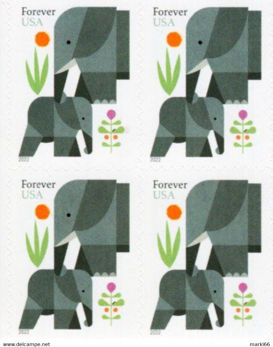 USA - 2022 - Elephants - Mint Self-adhesive Double-sided Booklet Stamp Pane (8 Stamps) - Nuovi