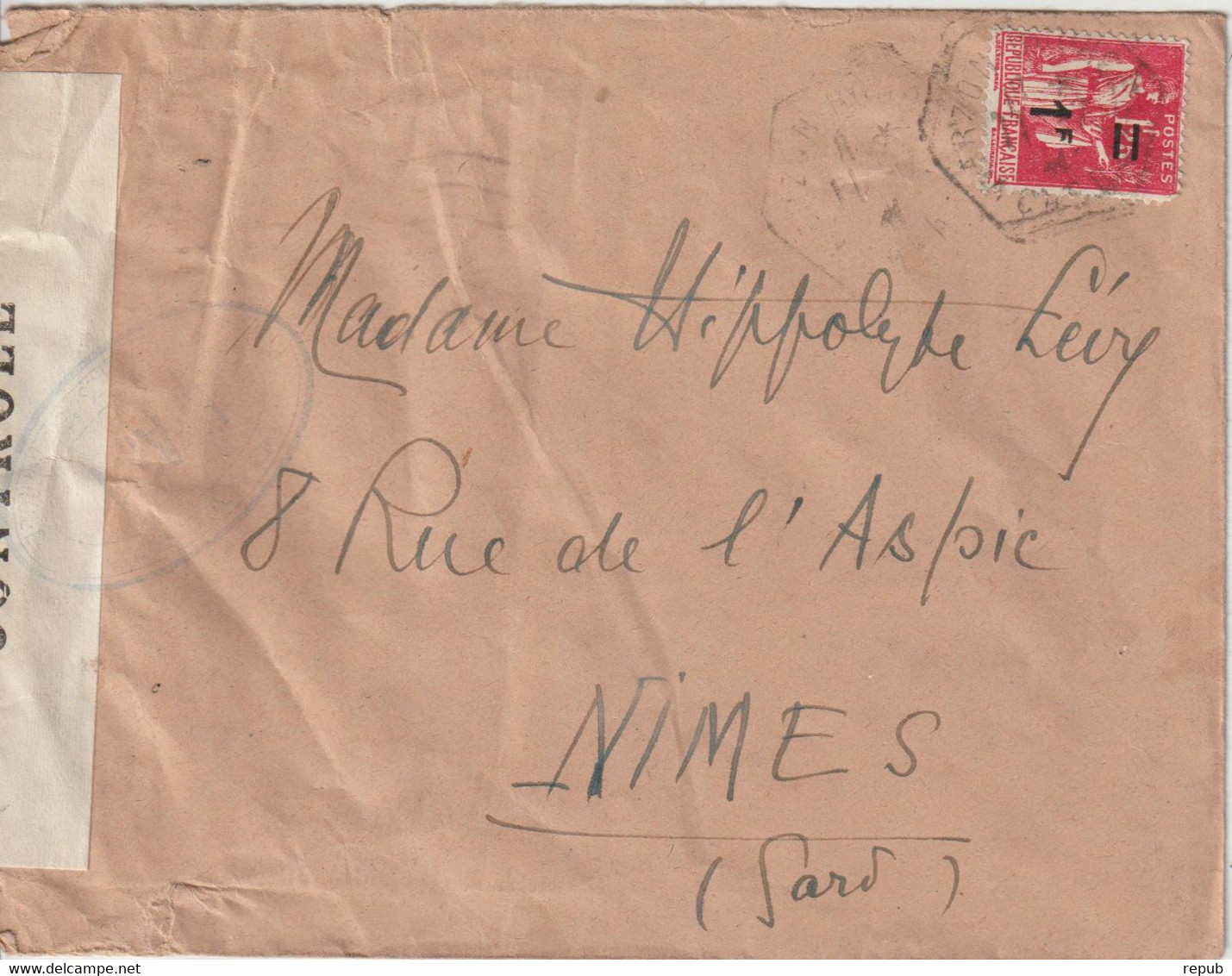 France 1941 Lettre De Vierzon Pour Nimes Avec Bande De Censure - Oorlog 1939-45