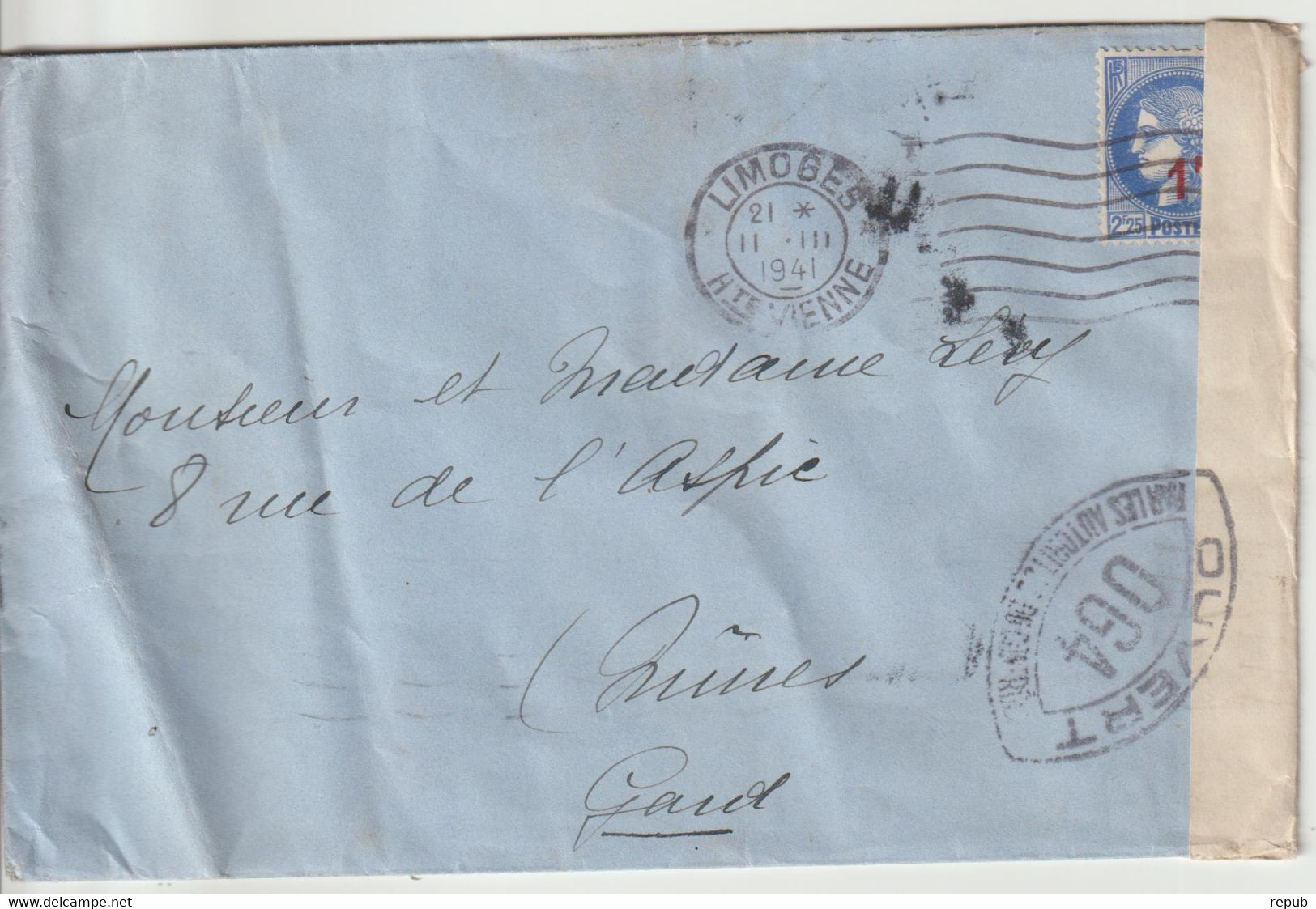 France 1941 Lettre De Limoges Pour Nimes Avec Bande De Censure - WW II