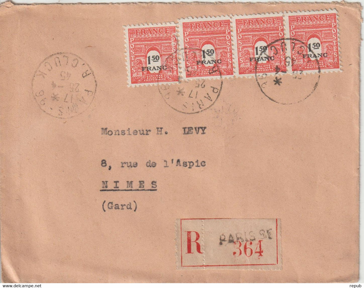 France 1945 Lettre Recommandée De Paris Pour Nimes Avec 4 Ex Du 708 - 1921-1960: Periodo Moderno