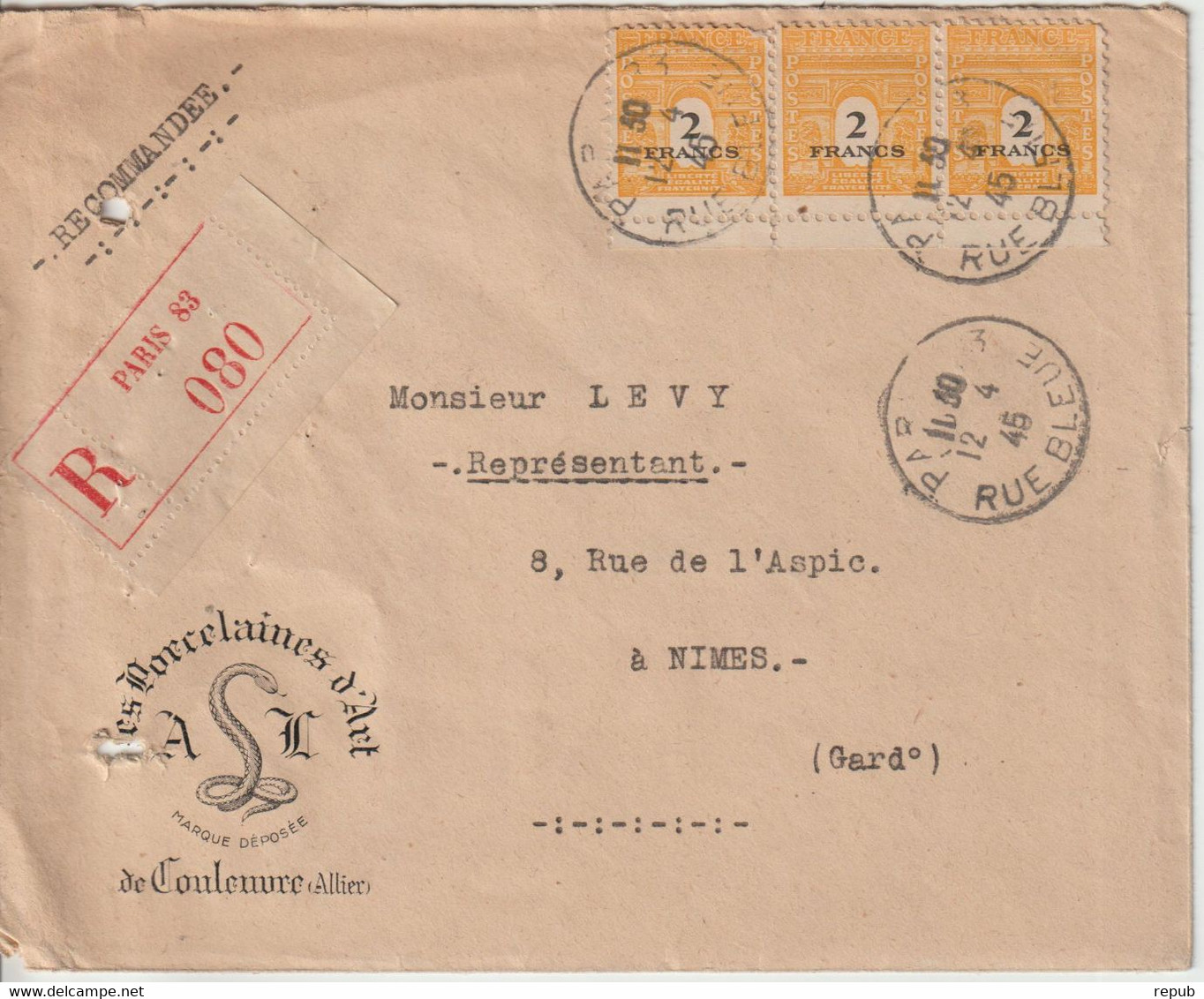 France 1945 Lettre Recommandée De Paris Pour Nimes Avec 3 Ex Du 709 - 1921-1960: Periodo Moderno