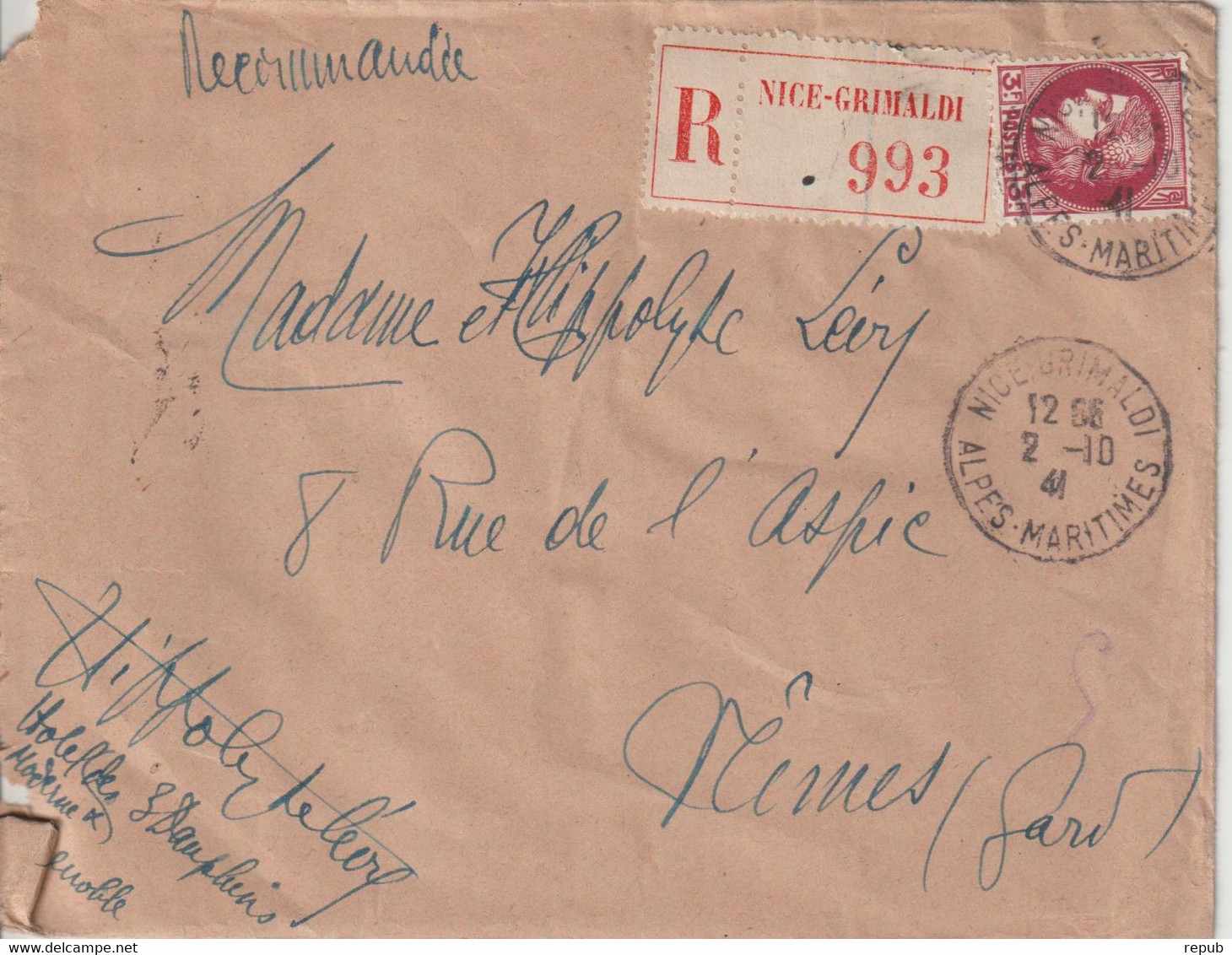 France 1941 Lettre Recommandée De Nice Pour Nimes - 1921-1960: Periodo Moderno