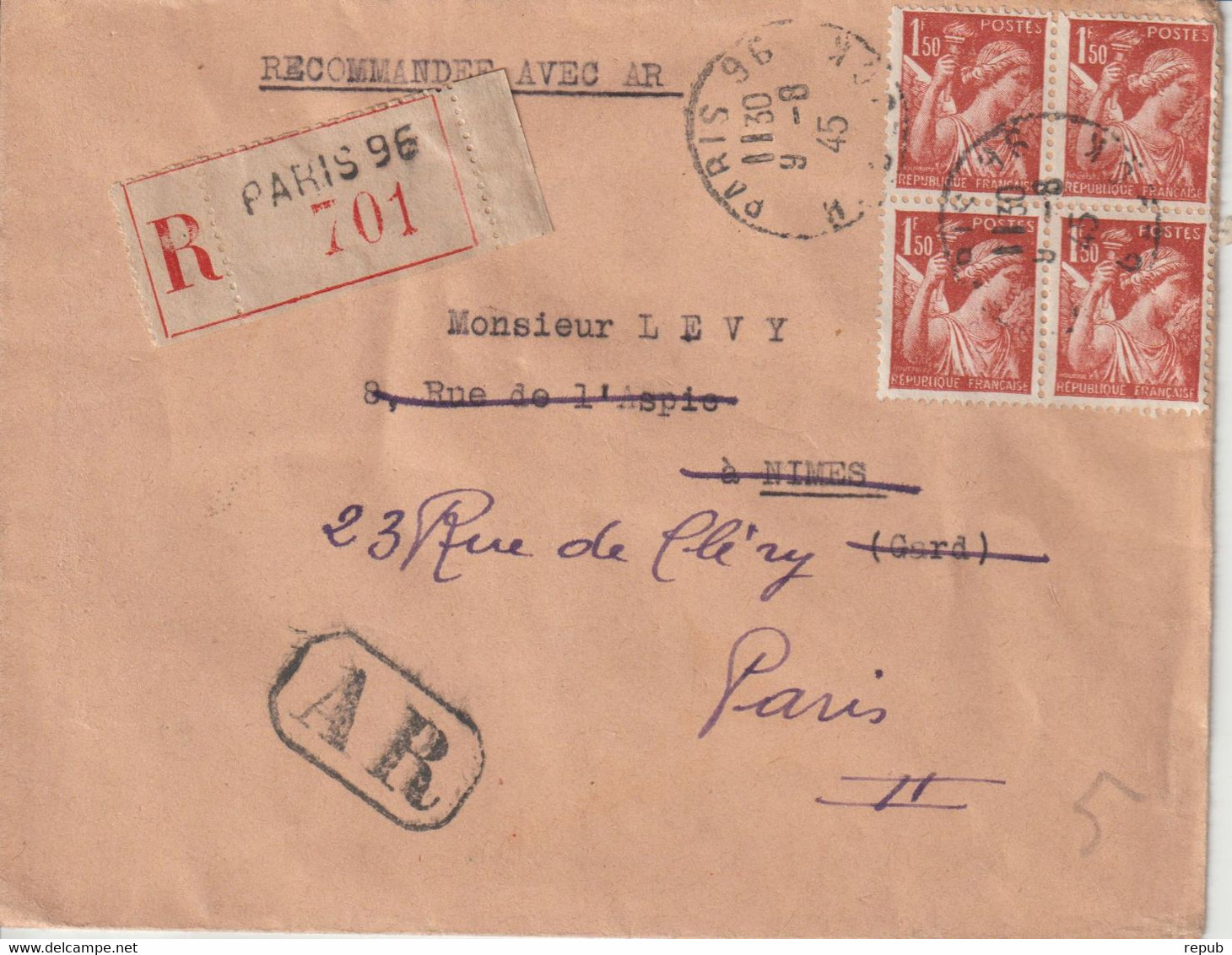 France 1945 Lettre Recommandée De Paris Pour Nimes Et Réexpédition Sur Paris - 1921-1960: Modern Period