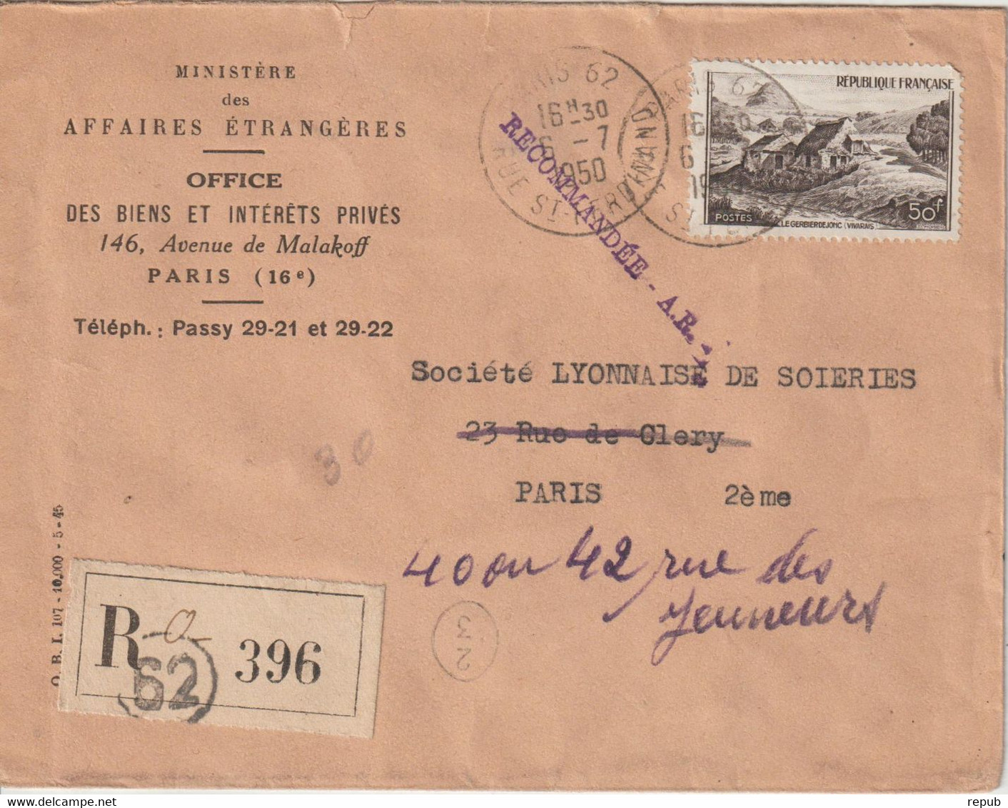 France 1950 Lettre Recommandée De Paris Pour Paris Entete Ministère Des Affaires étrangères - 1921-1960: Modern Period