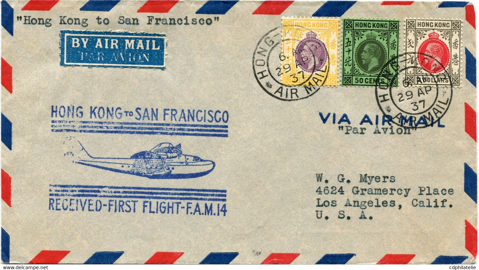 HONG KONG LETTRE PAR AVION  AVEC CACHET ILLUSTRE "HONG KONG TO SAN FRANCISCO RECEIVED-FIRST FLIGHT-F.A.M.14" DEPART ... - Cartas & Documentos