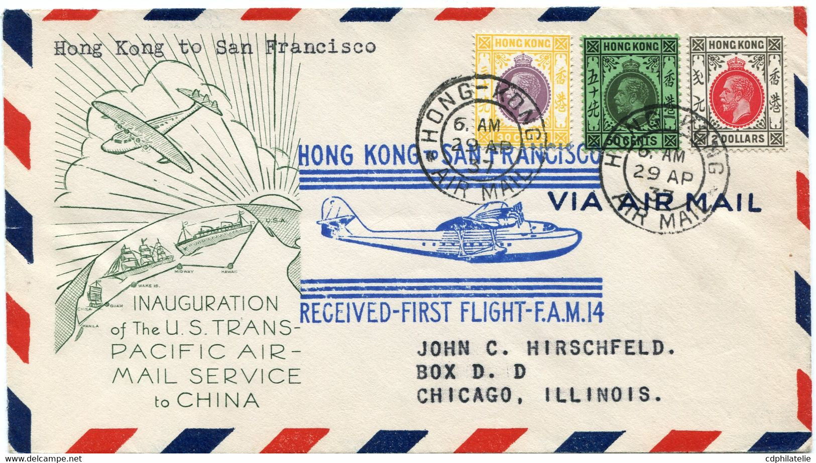 HONG KONG LETTRE PAR AVION  AVEC CACHET ILLUSTRE "HONG KONG TO SAN FRANCISCO RECEIVED-FIRST FLIGHT-F.A.M.14" DEPART ... - Brieven En Documenten