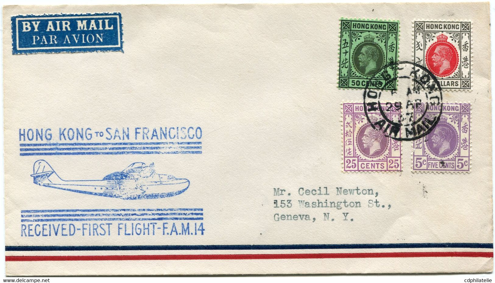 HONG KONG LETTRE PAR AVION  AVEC CACHET ILLUSTRE "HONG KONG TO SAN FRANCISCO RECEIVED-FIRST FLIGHT-F.A.M.14" DEPART ... - Storia Postale