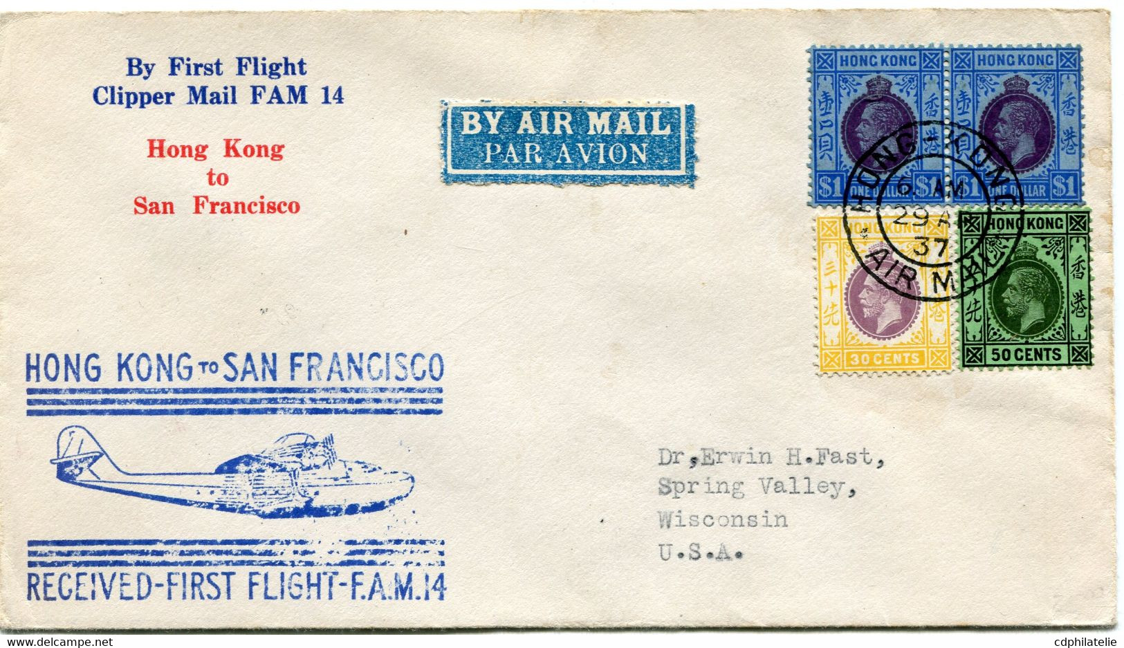 HONG KONG LETTRE PAR AVION  AVEC CACHET ILLUSTRE "HONG KONG TO SAN FRANCISCO RECEIVED-FIRST FLIGHT-F.A.M.14" DEPART ... - Lettres & Documents