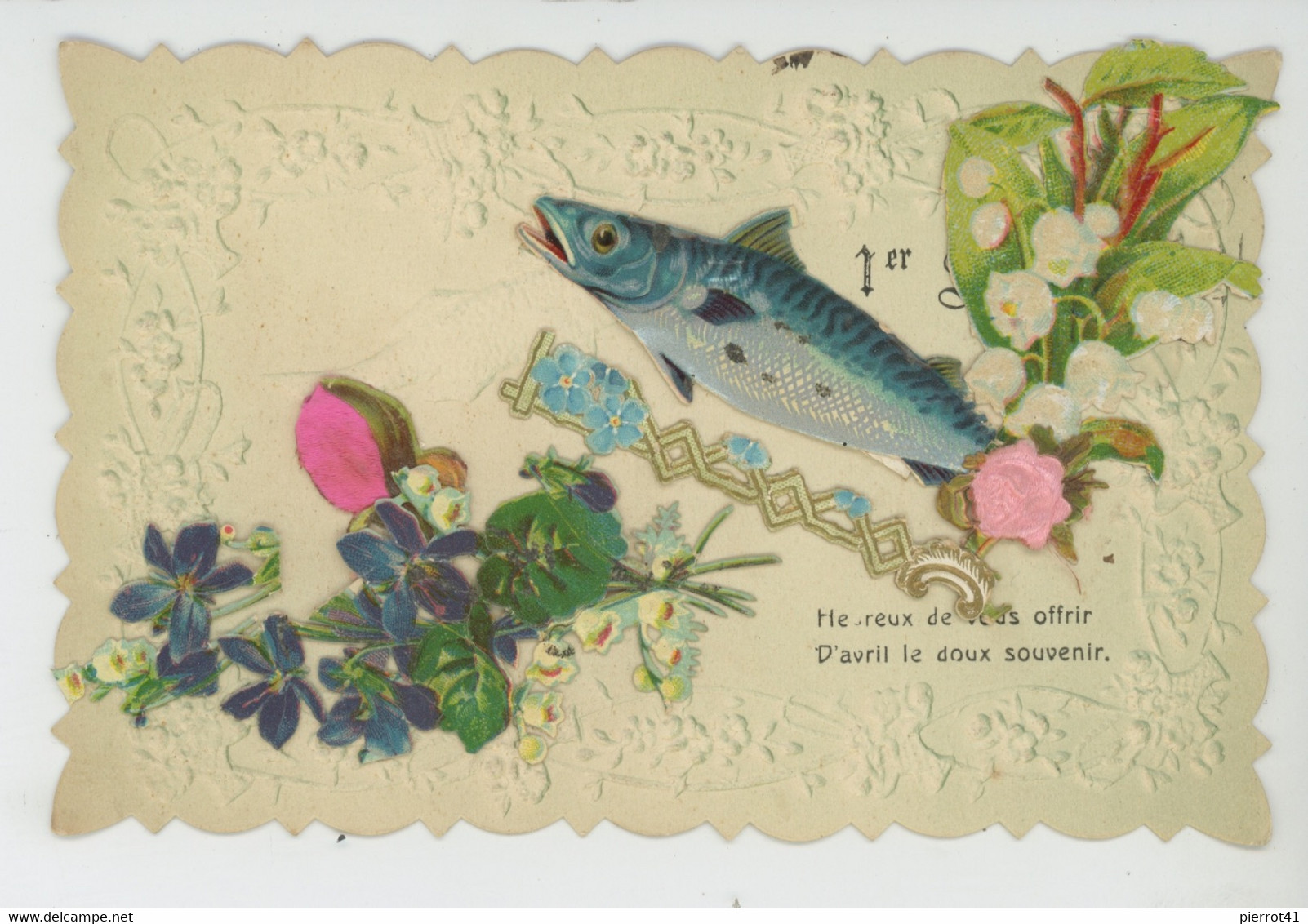 POISSON D'AVRIL - Jolie Carte Fantaisie Gaufrée Avec Ajoutis Fleurs Muguet Et Poisson 1er Avril (embossed Postcard) - 1er Avril - Poisson D'avril