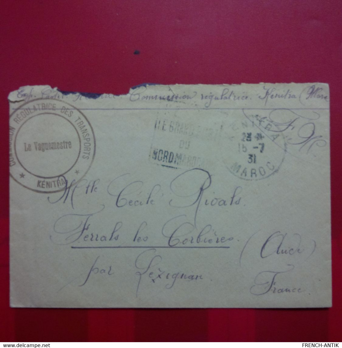 LETTRE KENITRA POUR FERRALS LES CORBIERES AUDE CACHET COMMISSION REGULATRICE DES TRANSPORTS 1931 - 1921-1960: Moderne