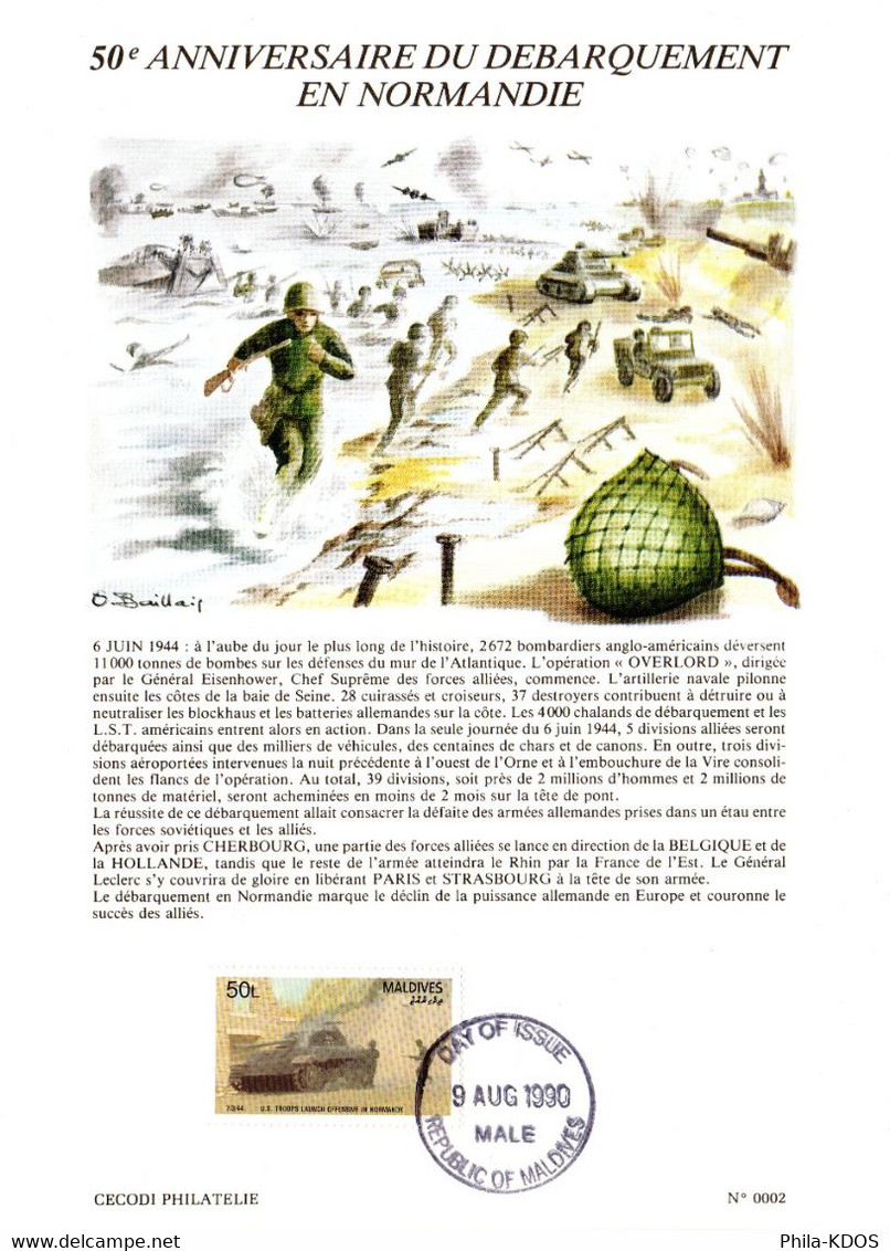 " 50 ANS DU DEBARQUEMENT EN NORMANDIE / DE GAULLE " Sur Encart 1er Jour Des MALDIVES De 1994. Parfait état. - - WW2