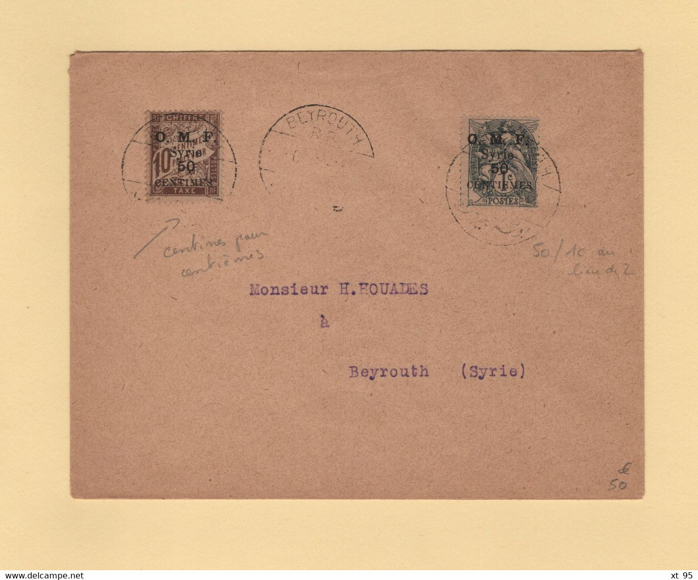 Syrie - Beyrouth - 1923 - N°45b Type Blanc 50 Sur 1c + Taxe 9c Centimes Au Lieu De Centiemes - Cartas & Documentos