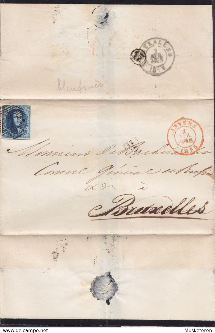 Belgium ANVERS Folded 'Mourning' Cover Sorgen Brief Lettre 1855 BRUXELLES Leopold I. Imperf. THICK Paper (3 Scans) - 1849-1865 Medaillons (Varia)