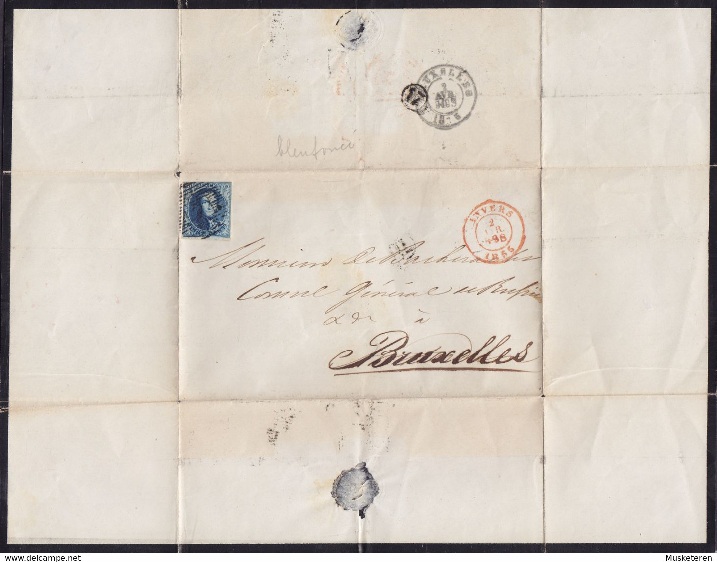 Belgium ANVERS Folded 'Mourning' Cover Sorgen Brief Lettre 1855 BRUXELLES Leopold I. Imperf. THICK Paper (3 Scans) - 1849-1865 Medallions (Other)