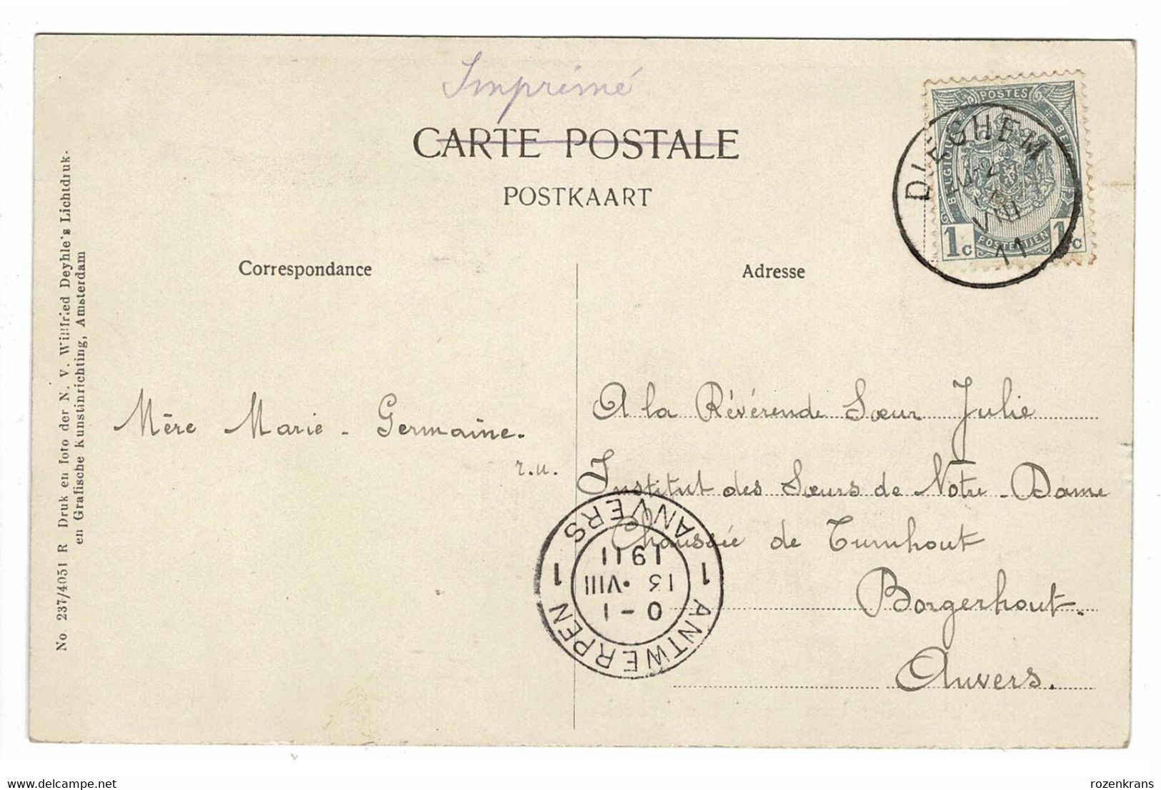 Melsbroek Pensionnat Des Urulines  A De Melsbroeck La Chapelle 1911 Obliteration Stempel Cachet DIEGHEM CPA - Steenokkerzeel