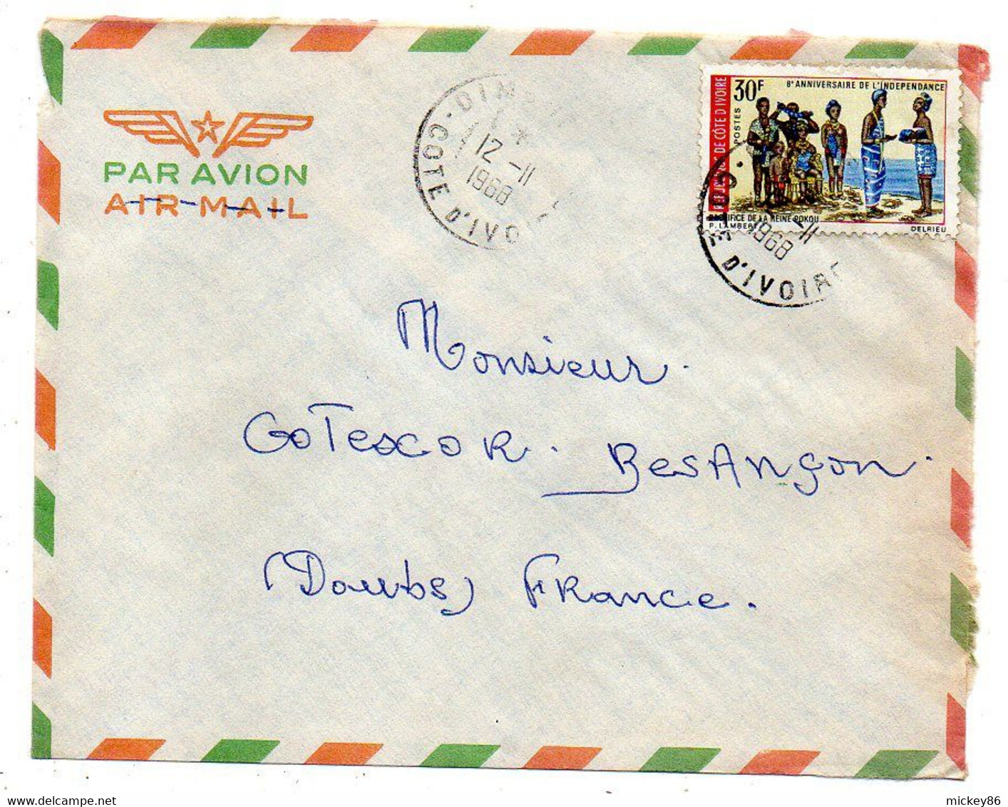 Côte D'Ivoire -1968 - Lettre  DIMBROKO   Pour Besançon-25--tp  8° Anniv Indépendance  Seul Sur Lettre....cachet.. - Côte D'Ivoire (1960-...)