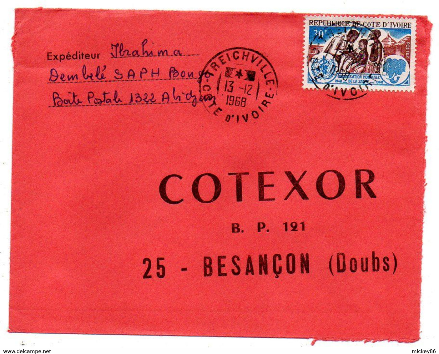 Côte D'Ivoire -1968 - Lettre  TREICHVILLE   Pour Besançon-25--tp  O.M.Santé  Seul Sur Lettre....cachet.  . - Costa De Marfil (1960-...)