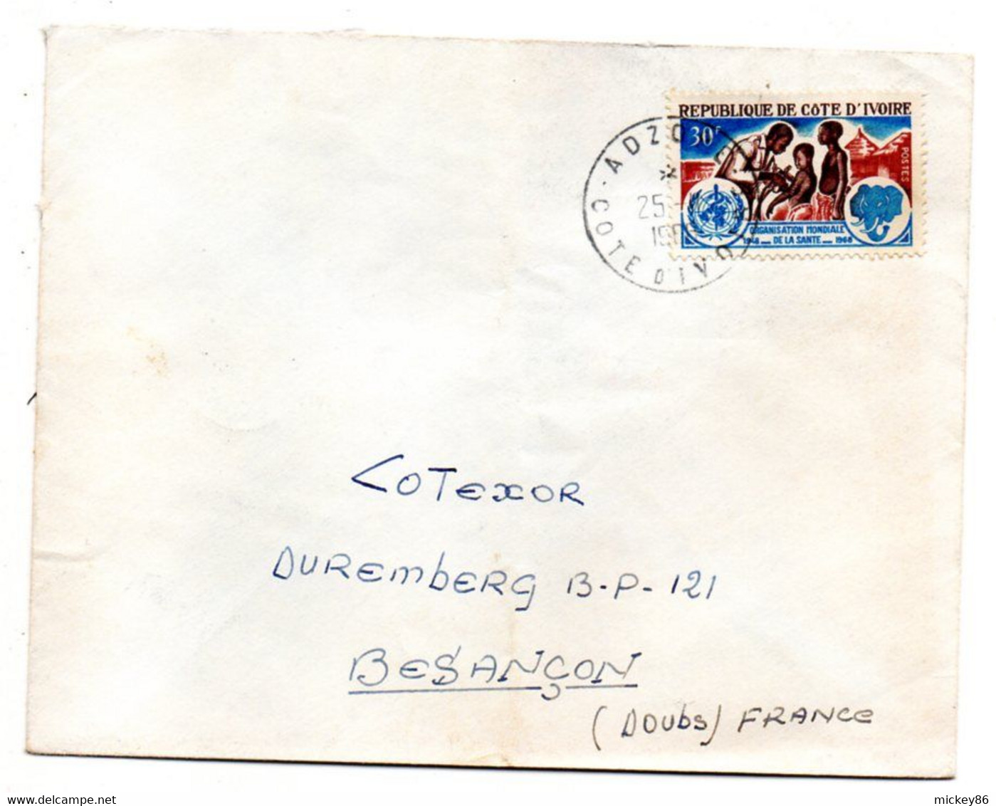 Côte D'Ivoire -1968 - Lettre  ADZOPE   Pour Besançon-25--tp  O.M.Santé  Seul Sur Lettre....cachet.  . - Costa D'Avorio (1960-...)