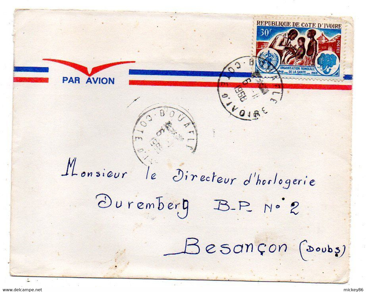 Côte D'Ivoire -1968 - Lettre  BOUAFLE   Pour Besançon-25--tp  O.M.Santé  Seul Sur Lettre....cachet.  . - Côte D'Ivoire (1960-...)