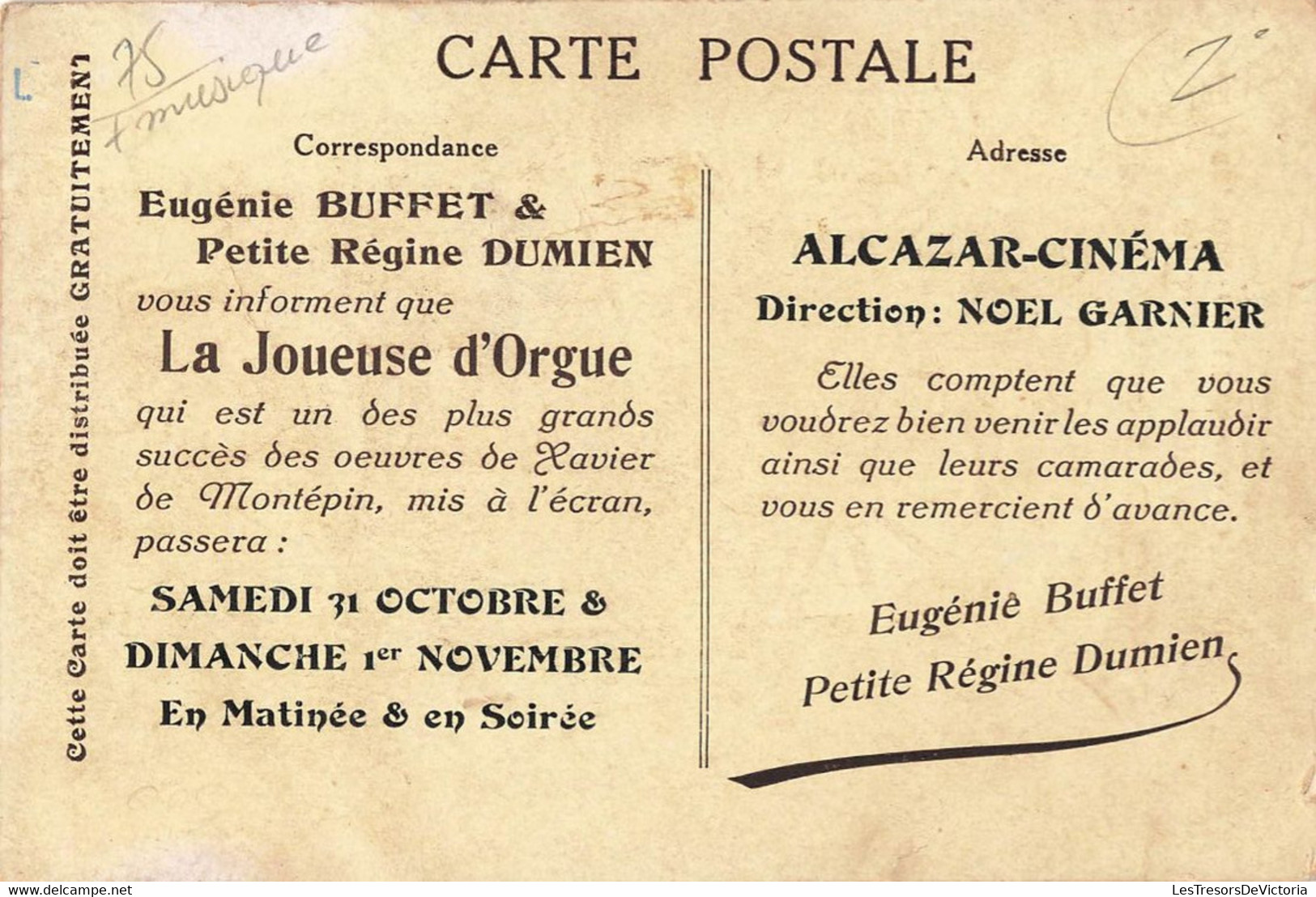 CPA Métiers - La Joueuse D'orgue Exclusivité Vitagraph - Paris - Eugenie Buffet - Petite Regine Dumien - Alcazar Cinema - Altri & Non Classificati