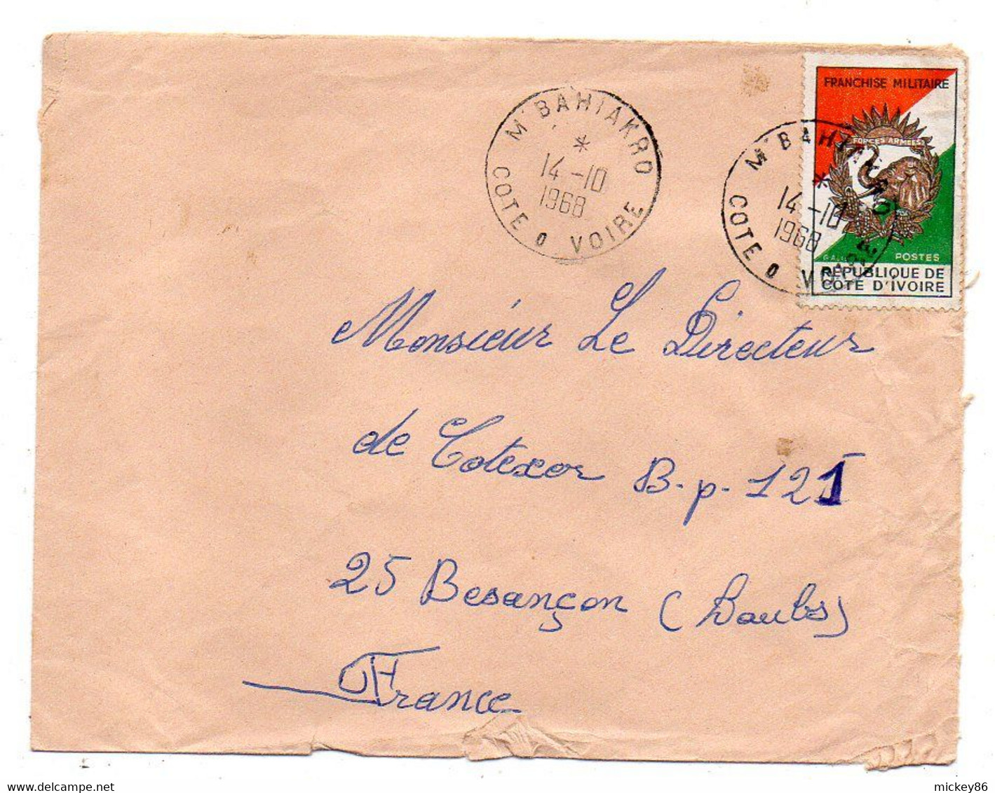 Côte D'Ivoire -1968-lettre M'BAHIAKRO Pour Besançon-25-tp Franchise Militaire (éléphant).  Seul Sur Lettre....cachet.  . - Costa D'Avorio (1960-...)