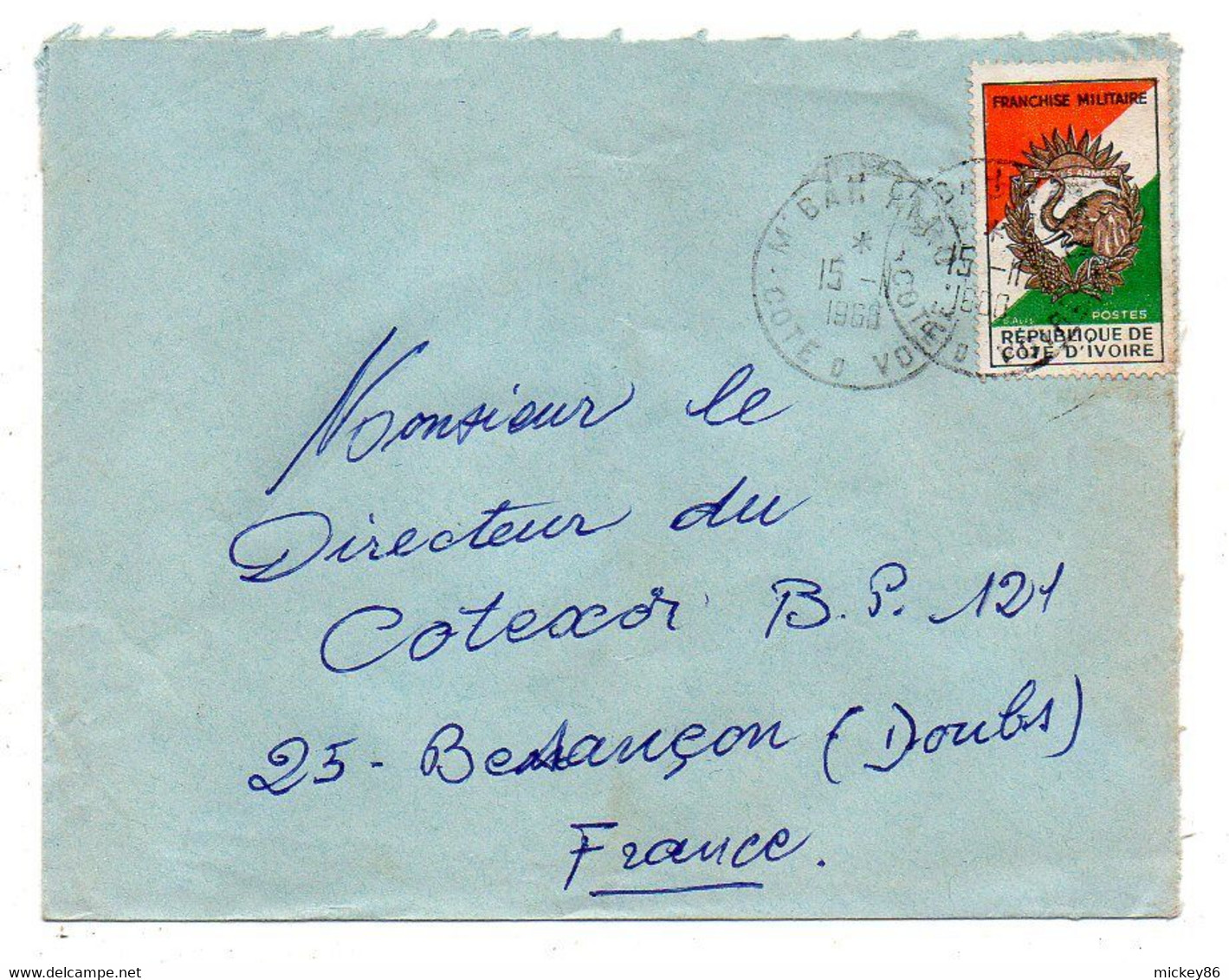 Côte D'Ivoire -1968-lettre M'BAHIAKRO Pour Besançon-25-tp Franchise Militaire (éléphant).  Seul Sur Lettre....cachet.  . - Costa D'Avorio (1960-...)