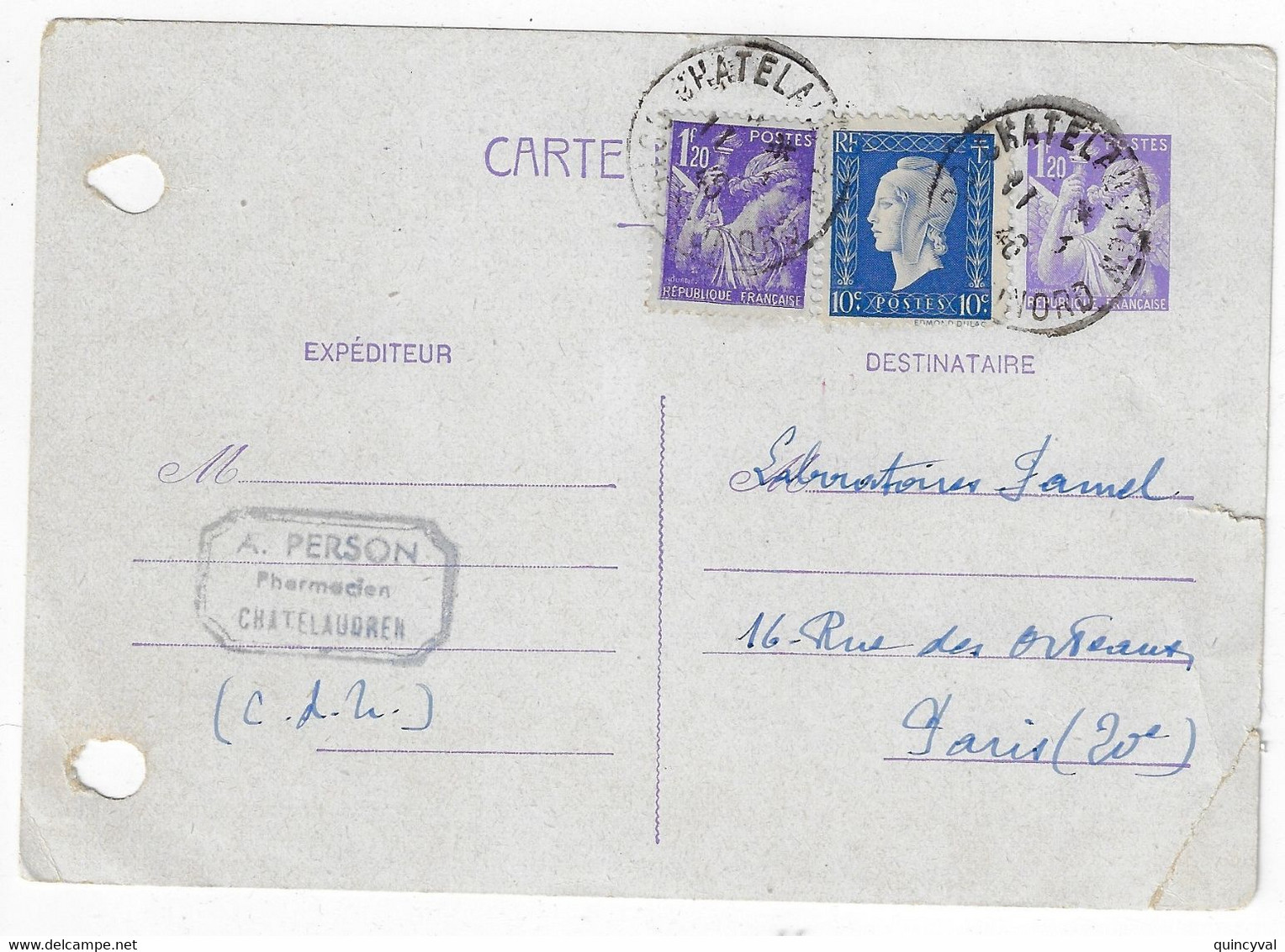 CHATEAUDREN Côtes Du Nord Carte Postale Entier 1,20 Iris Violet Complé TP 1,20 F + 10c Dulac Yv 651 682 651-CP1 Ob 1946 - Standard Postcards & Stamped On Demand (before 1995)