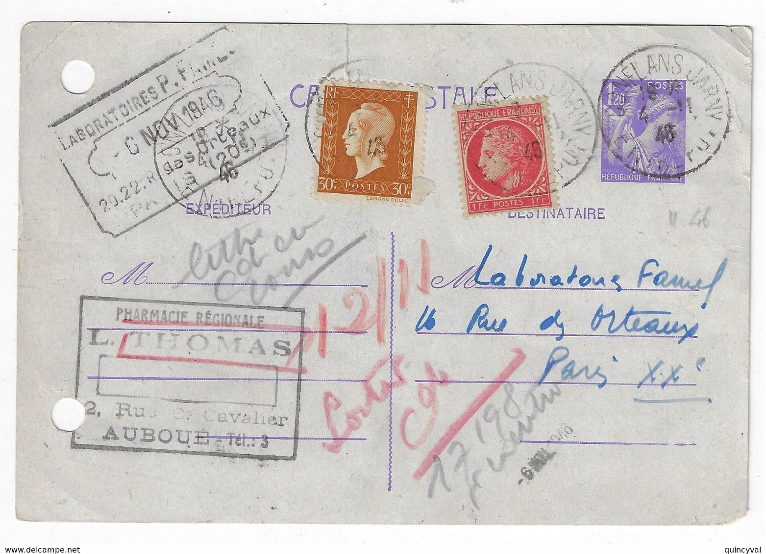 CONFLANS JARNY Carte Postale Entier 1,20 Iris Violet Compl TP 1F Mazelin 30c Dulac Yv 676 683 651-CP1 Ob 1946 - Standard Postcards & Stamped On Demand (before 1995)