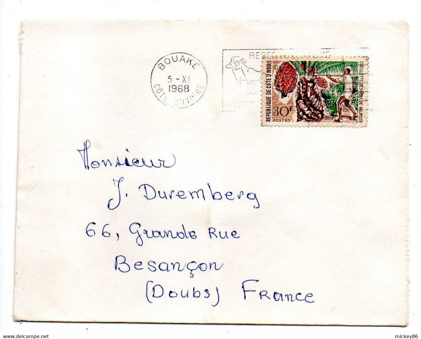 Côte D'Ivoire-1968-lettre  BOUAKE  Pour Besançon-25-tp Cueillette Noix Palmiste.  Seul Sur Lettre..beau Cachet. - Ivory Coast (1960-...)