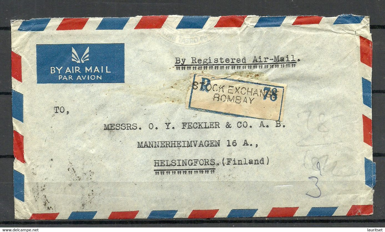 INDIA 1947 Registered Air Mail Cover To Finland Stock Exchange Bombay Registration Label Mi 164 Etc. - Poste Aérienne