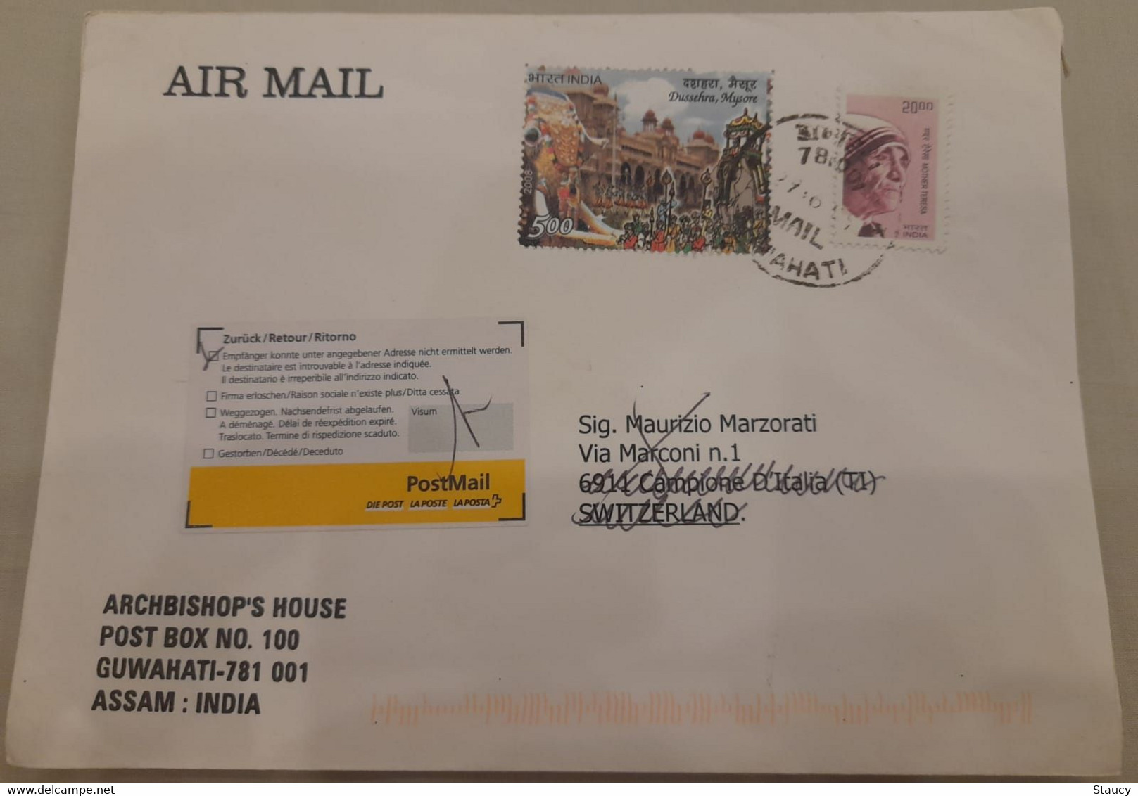 INDIA,2009,RETURN TO SENDER LABEL,AIR MAIL COVER TO SWITZERLAND,2 STAMPS,MOTHER TERESA,ELEPHANT,DUSSEHRA,MYSORE,GUWAHATI - Airmail