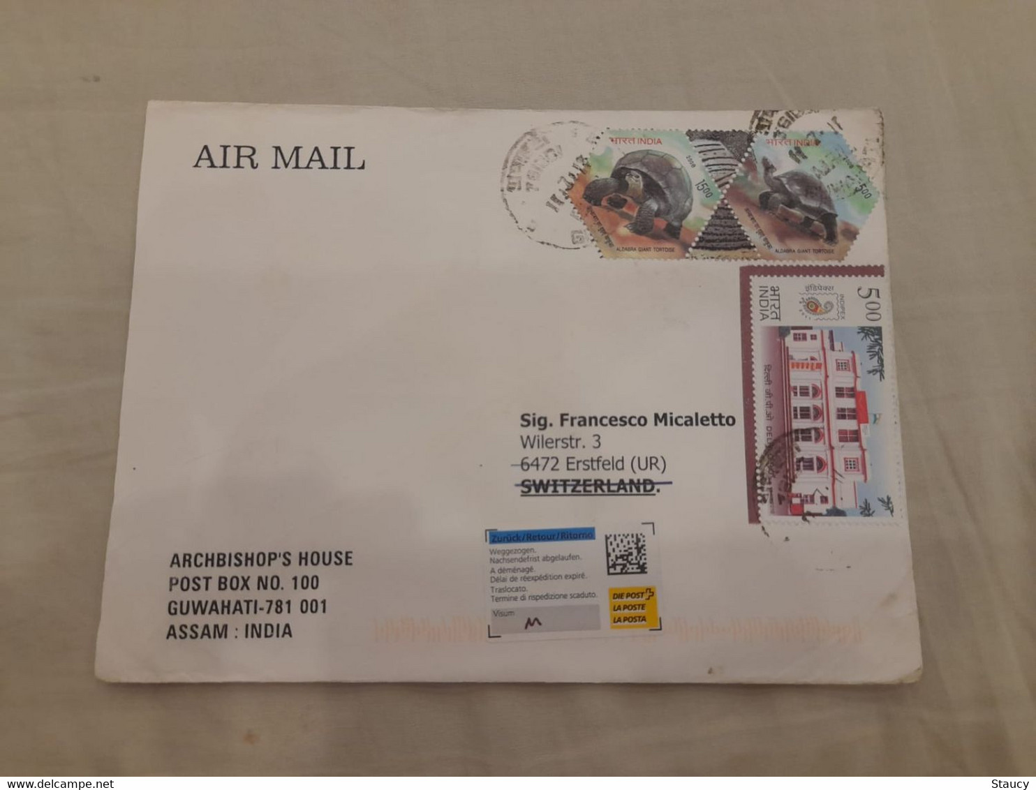 INDIA,2011,RETURN TO SENDER LABEL,AIR MAIL COVER TO SWITZERLAND,3 STAMPS,TORTOISE,POSTAL HERITAGE, GUWAHATI - Poste Aérienne