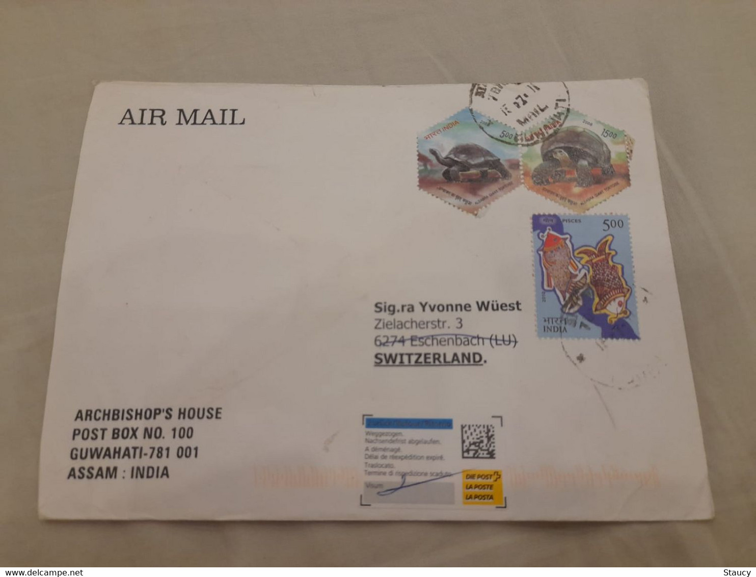 INDIA,2011,RETURN TO SENDER LABEL,AIR MAIL COVER TO SWITZERLAND,3 STAMPS,TORTOISE,ASTROLOGICAL SIGNS, GUWAHATI - Poste Aérienne