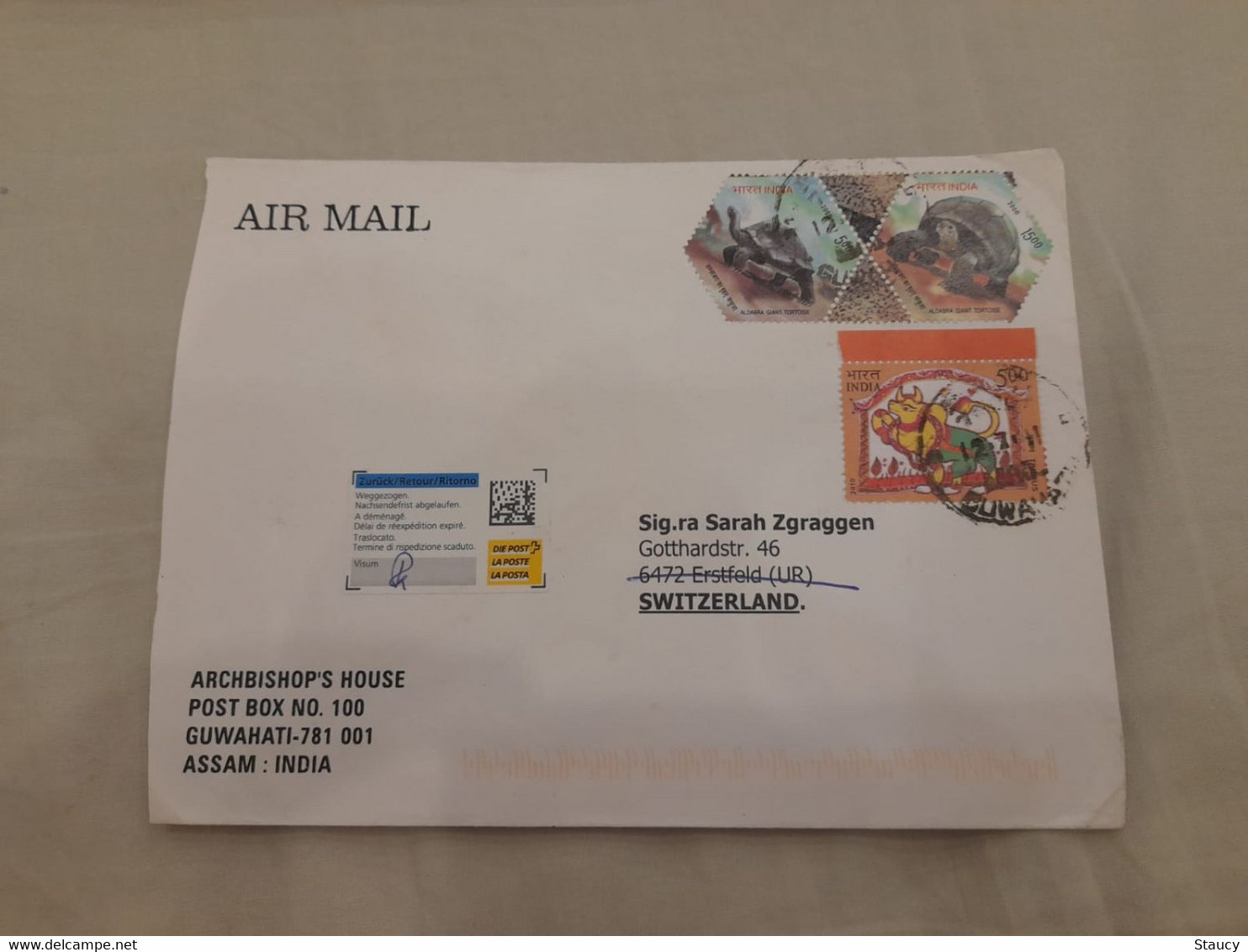 INDIA,2011,RETURN TO SENDER LABEL,AIR MAIL COVER TO SWITZERLAND,3 STAMPS,TORTOISE,ASTROLOGICAL SIGNS, GUWAHATI - Poste Aérienne