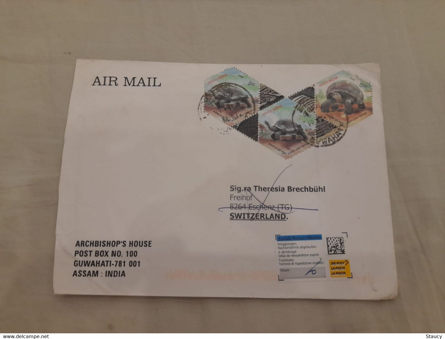 INDIA,2011,RETURN TO SENDER LABEL,AIR MAIL COVER TO SWITZERLAND,3 STAMPS,TORTOISE, GUWAHATI - Airmail