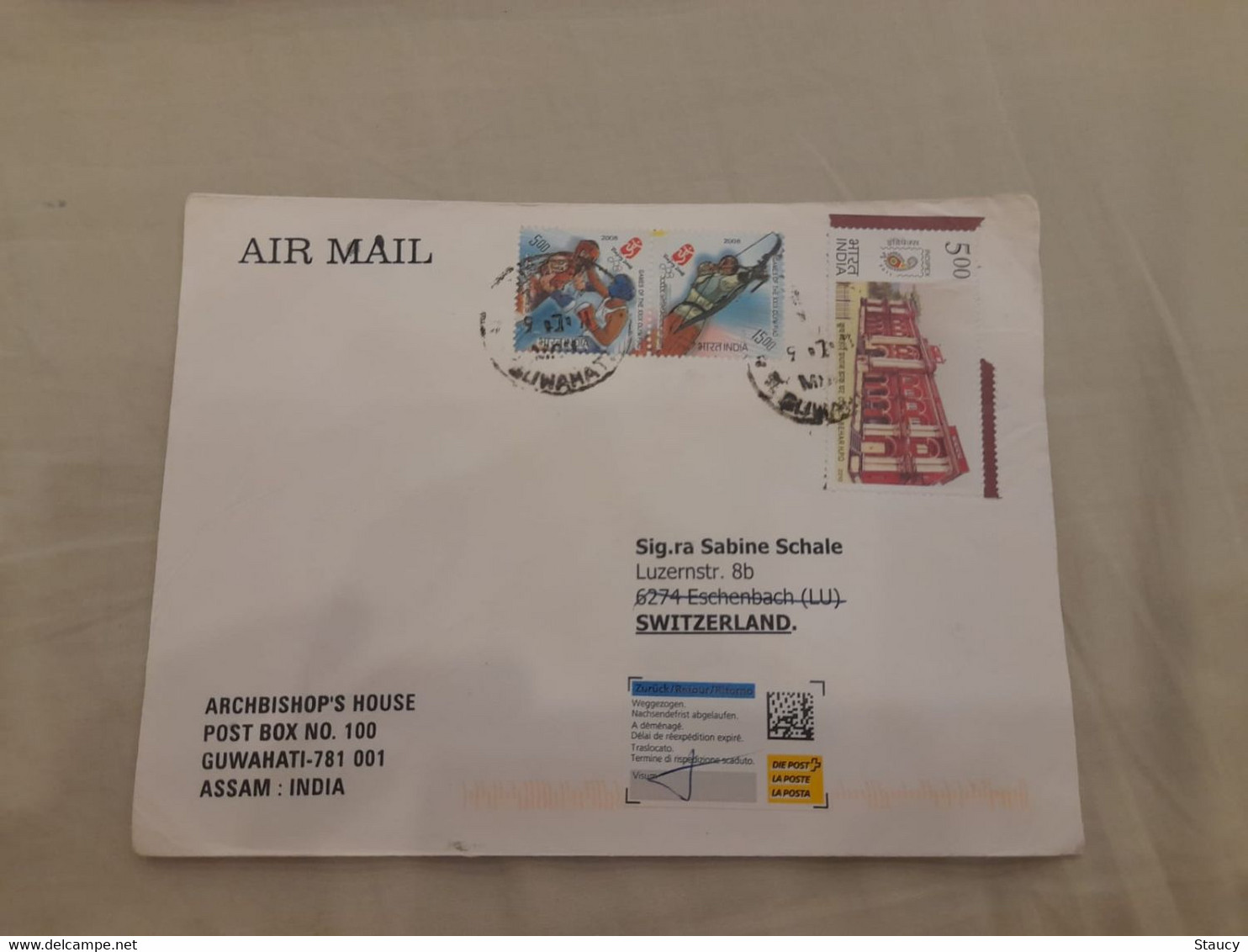 INDIA,2011,RETURN TO SENDER LABEL,AIR MAIL COVER TO SWITZERLAND,3 STAMPS,OLYMPIAD, POSTAL HERITAGE, GUWAHATI - Poste Aérienne