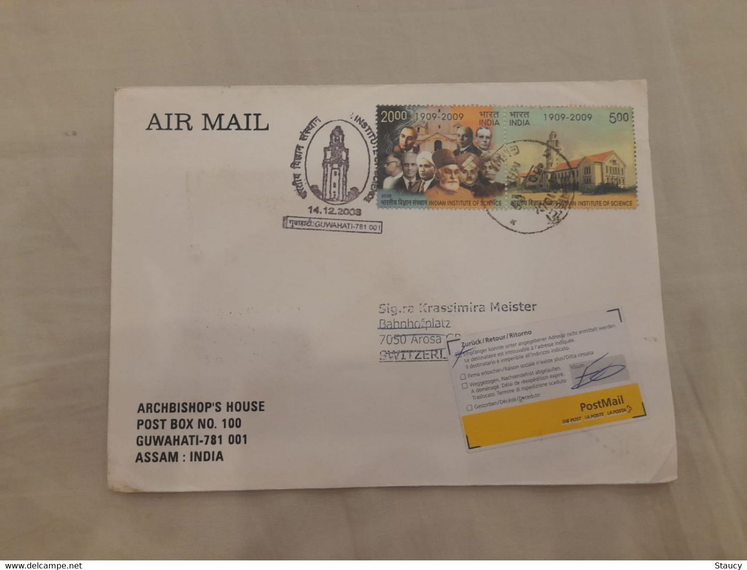 INDIA,2008,RETURN TO SENDER LABEL,AIR MAIL COVER TO SWITZERLAND, 2 INDIAN INSTITUTE OF SCIENCE STAMPS, GUWAHATI - Airmail