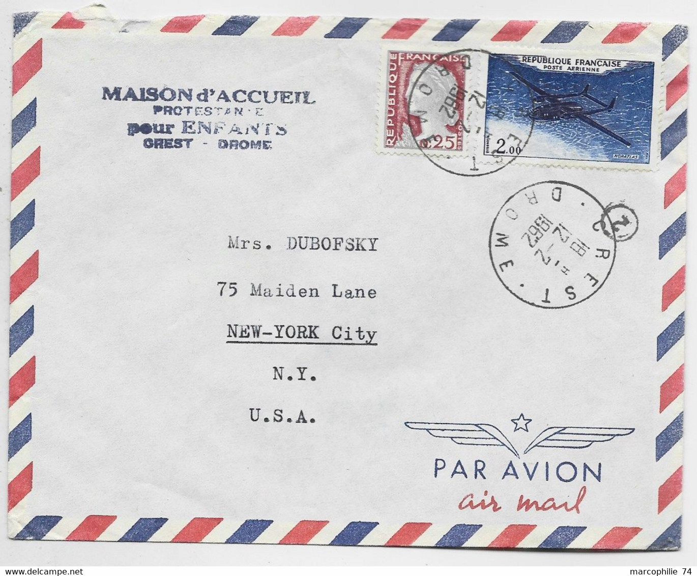 MARIANNE DECARIS 25C +PA 2FR  LETTRE AVION CREST 12.2.1962 DROME   POUR USA AU TARIF - 1960 Marianna Di Decaris