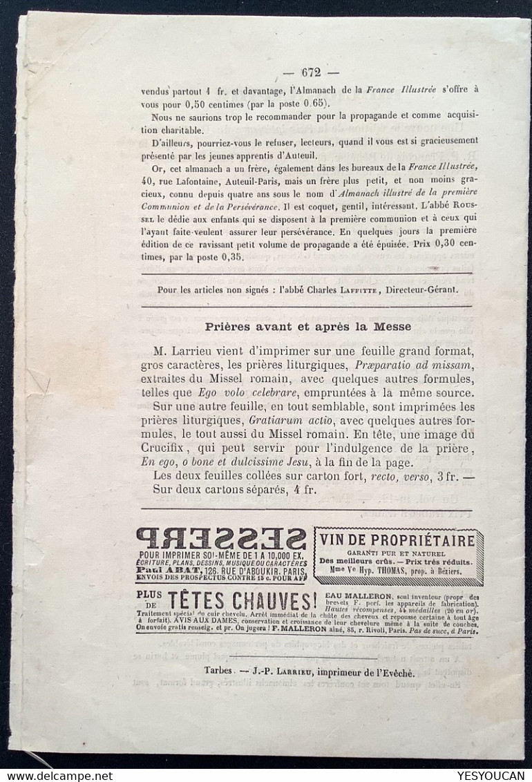 Sage 2c #85 Journal Complet REVUE CATHOLIQUE DIOCÉSE DE TARBES 1881 Annulation Typographique (France 63 Lettre Newspaper - 1877-1920: Période Semi Moderne