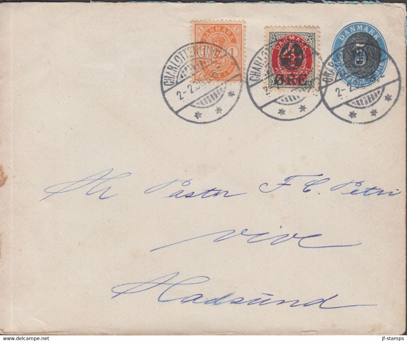 1906. DANMARK.  5 On 4 øre Envelope + 1 øre + 4 On 8 øre On Envelope From CHARLOTTENLUND... (Michel 37 + 40Z) - JF434832 - Storia Postale