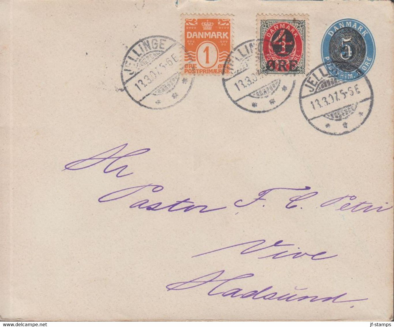 1907. DANMARK.  5 On 4 øre Envelope + 1 øre + 4 On 8 øre On Envelope From JELLINGE 13.3.... (Michel 42 + 40Z) - JF434833 - Storia Postale