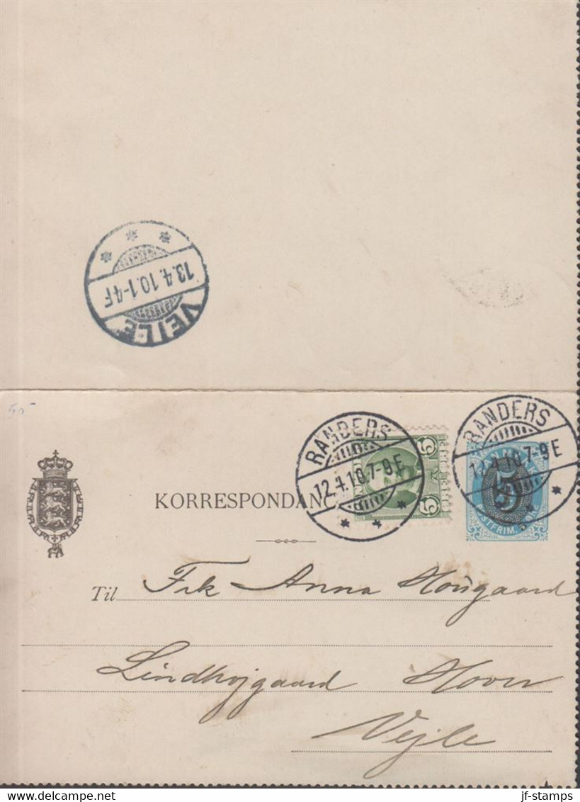 1910. DANMARK. 5 On 4 ØRE  KORRESPONDANCEKORT + 5 øre Frederik IX Cancelled RANDERS 12 4 10 And Reverse VE... - JF434842 - Covers & Documents