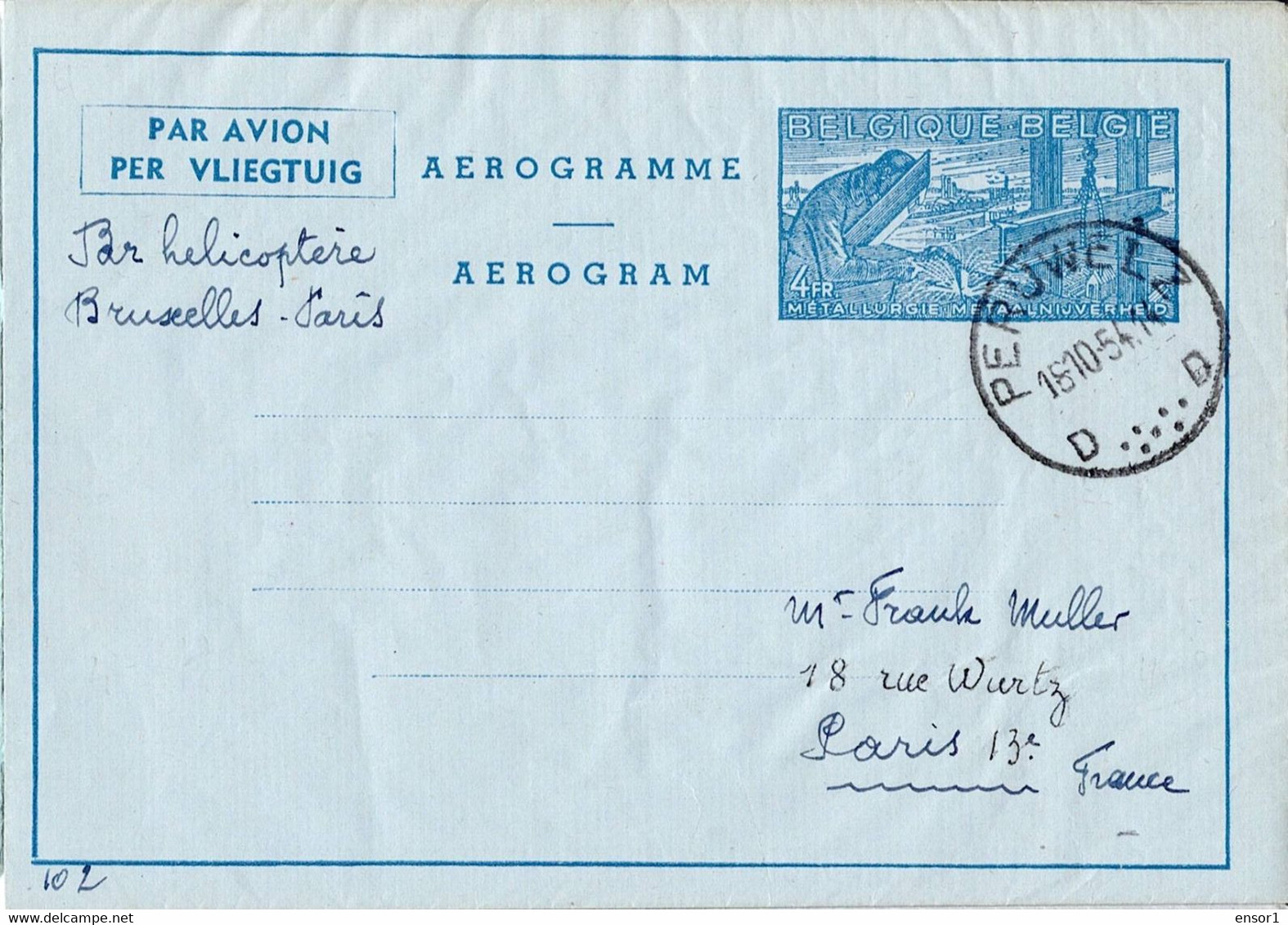 België Aerogram Luchtpostblad Peruwelz - Parijs - Aerogrammi