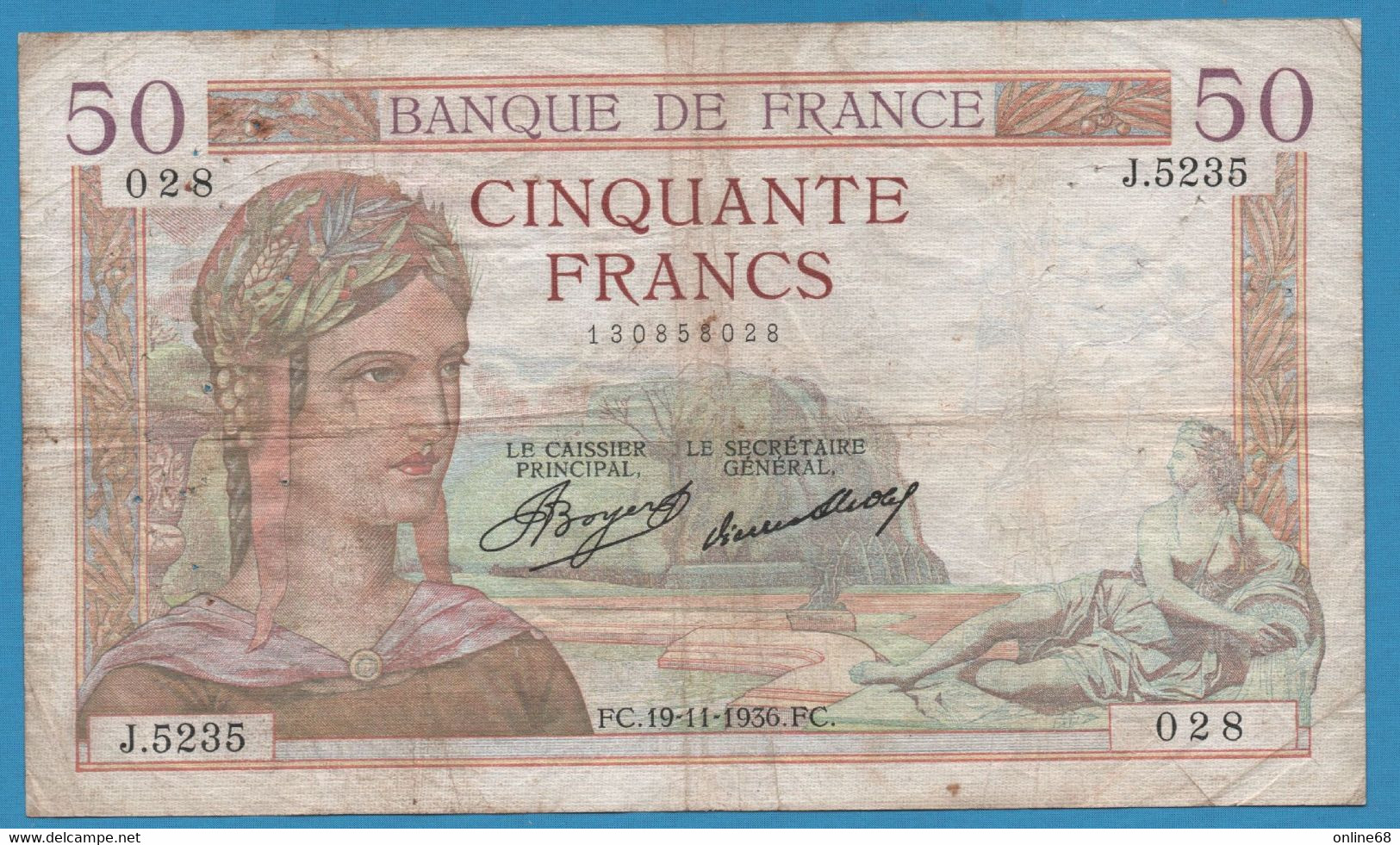 FRANCE 50 FRANCS 19.11.1936 # J.5235 028 F# 17 Cérès - 50 F 1934-1940 ''Cérès''