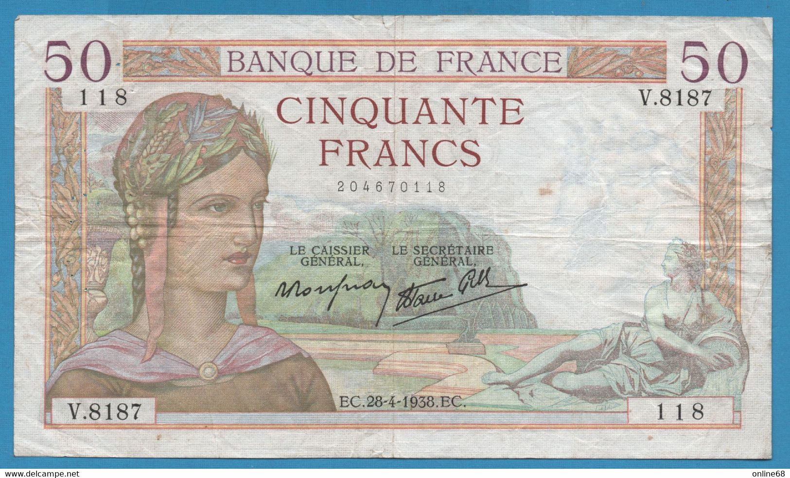 FRANCE 50 FRANCS 28.04.1938 # V.8187 118 F# 18 Cérès - 50 F 1934-1940 ''Cérès''