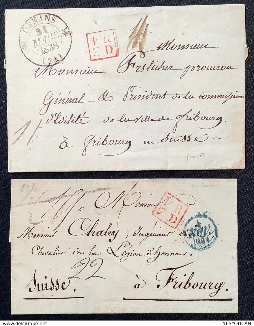 1834-38 FR 3D + FR 7D Marque D’ échange Lettre France>FRIBOURG SUISSE(Ornans Doubs 24, Paris Schweiz Brief Vorphilatelie - 1801-1848: Vorläufer XIX