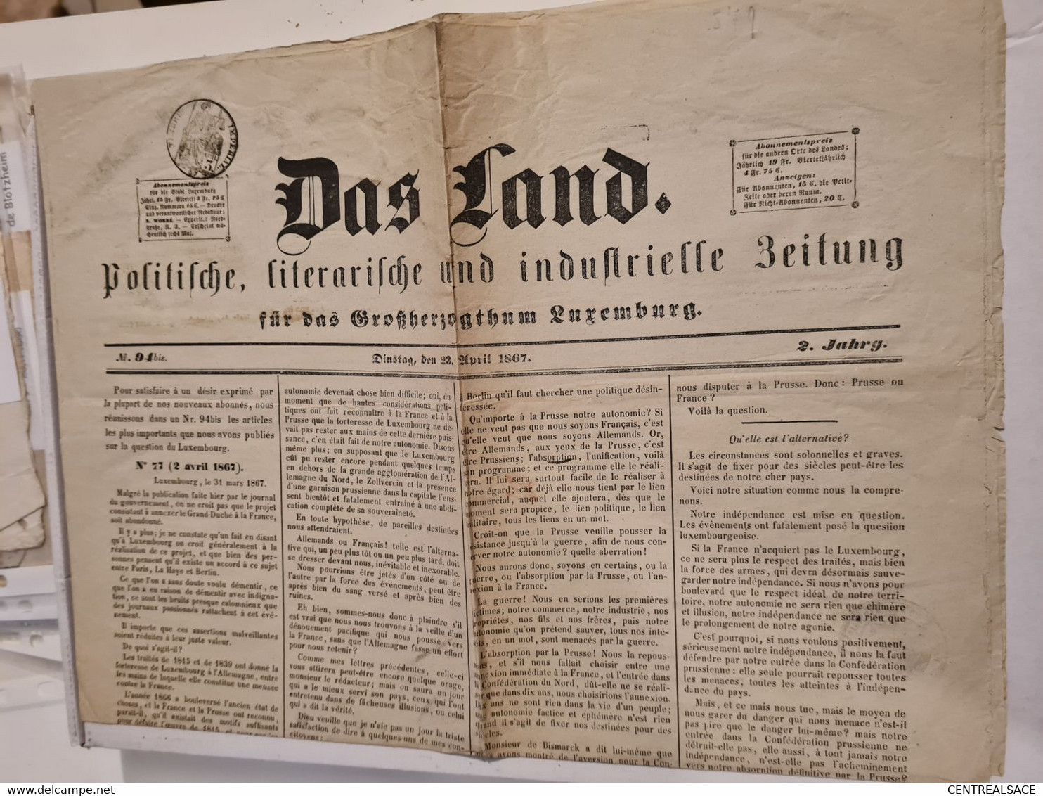 Papier Timbre Français 1867 SUR JOURNAL DAS LAND POLITISCHE LUXEMBURG LUXEMBOURG - Fiscali