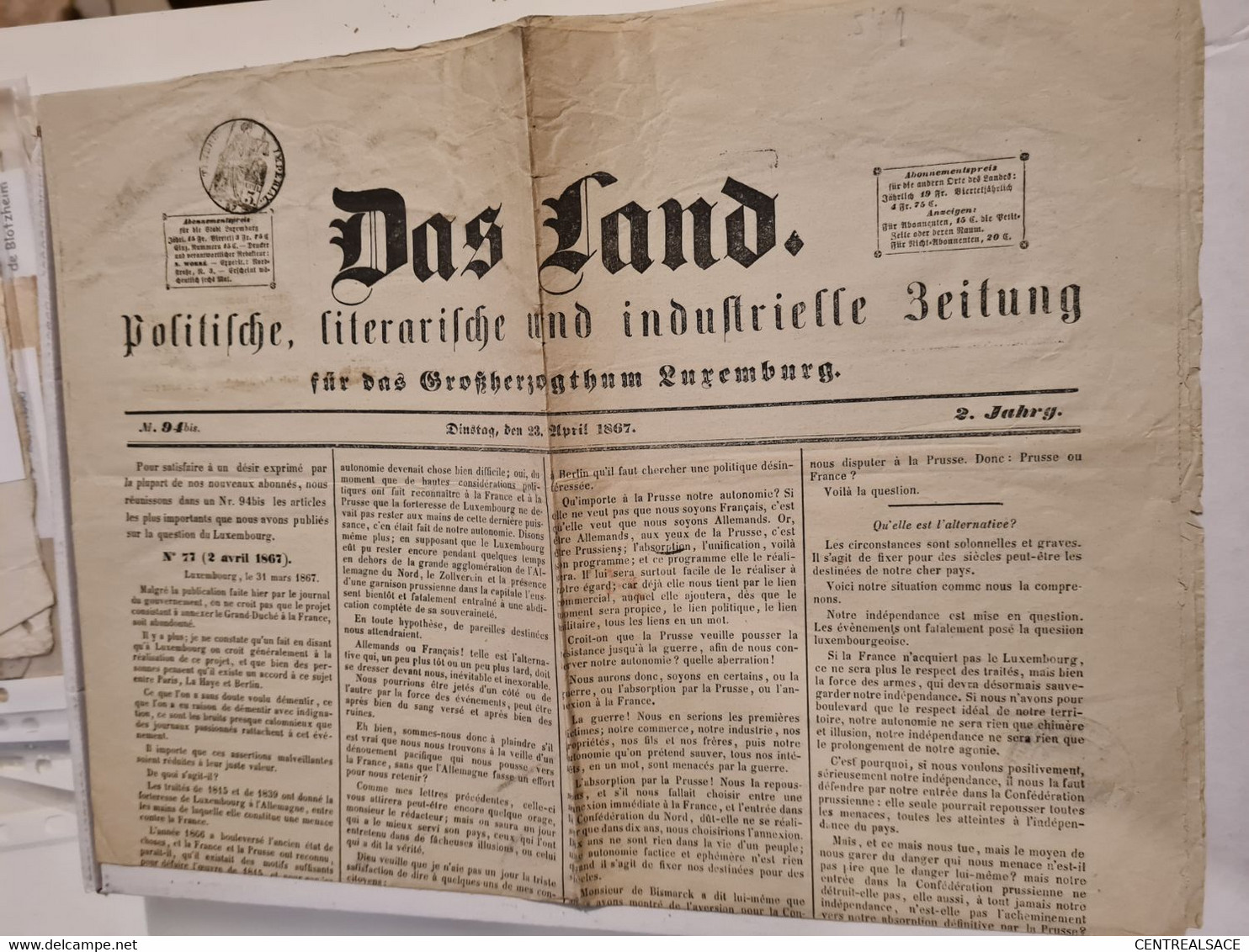 Papier Timbre Français 1867 SUR JOURNAL DAS LAND POLITISCHE LUXEMBURG LUXEMBOURG - Revenue Stamps